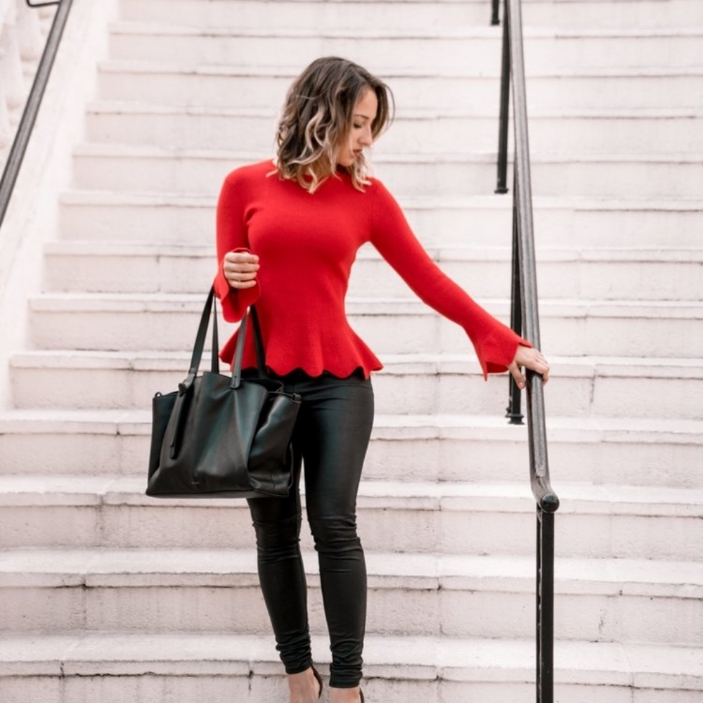 TED BAKER Red Scalloped Hem + Sleeves Wool Sweater S
